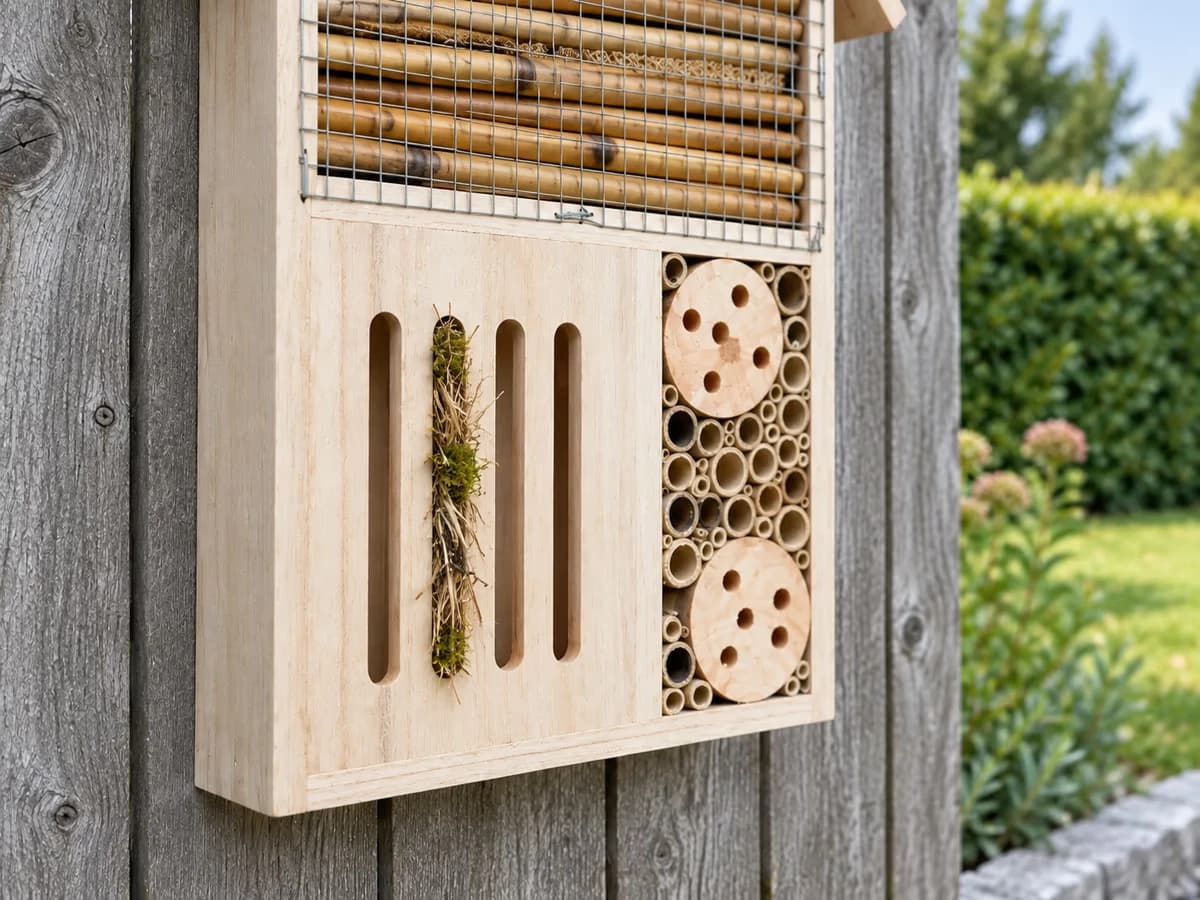 Fente verticale d'un abri à insectes bouchée par un amas de paille et de mousse rapportées, cannes de bambou restées libres juste à côté