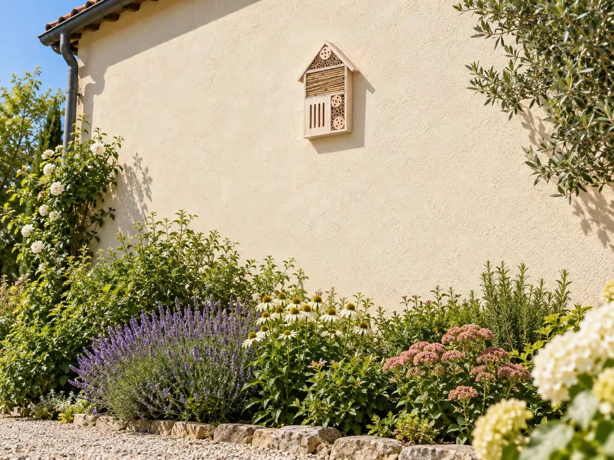 Abri à insectes mural fixé très haut sur un mur de maison, au-dessus d'un massif, lumière dure de plein midi