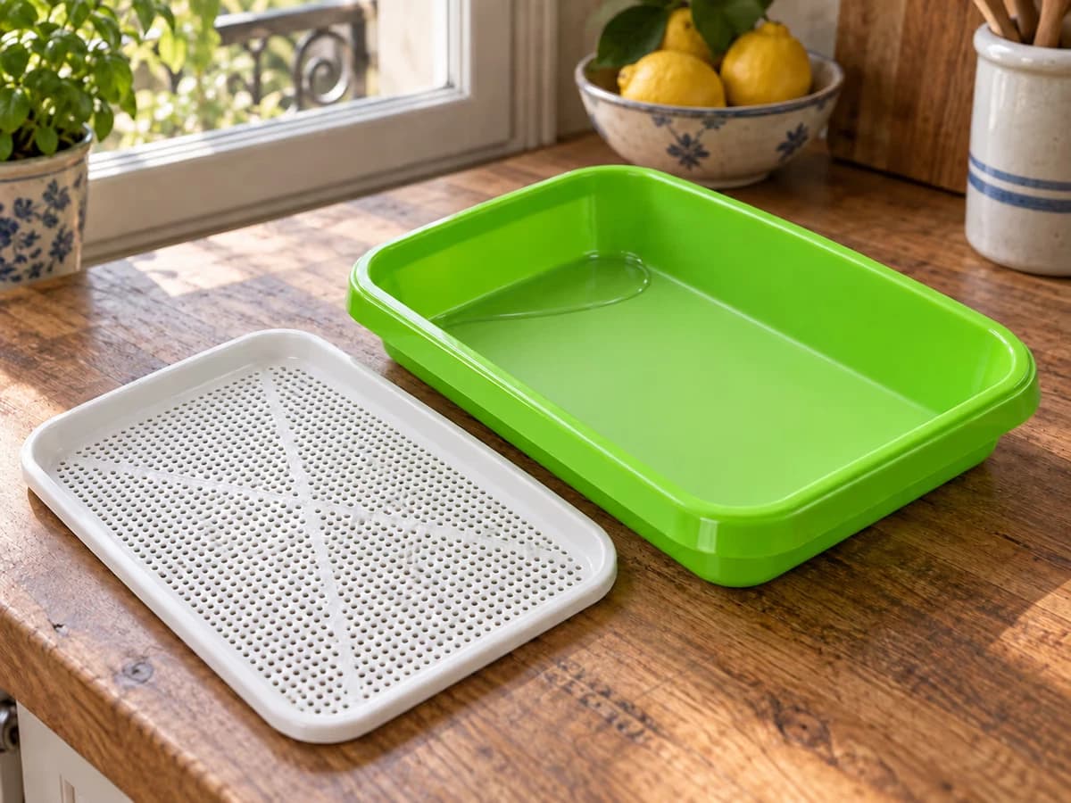 Fond d'un bac vert vu de près, quelques millimètres d'eau rassemblés dans un angle, insert à grille blanche posé à côté