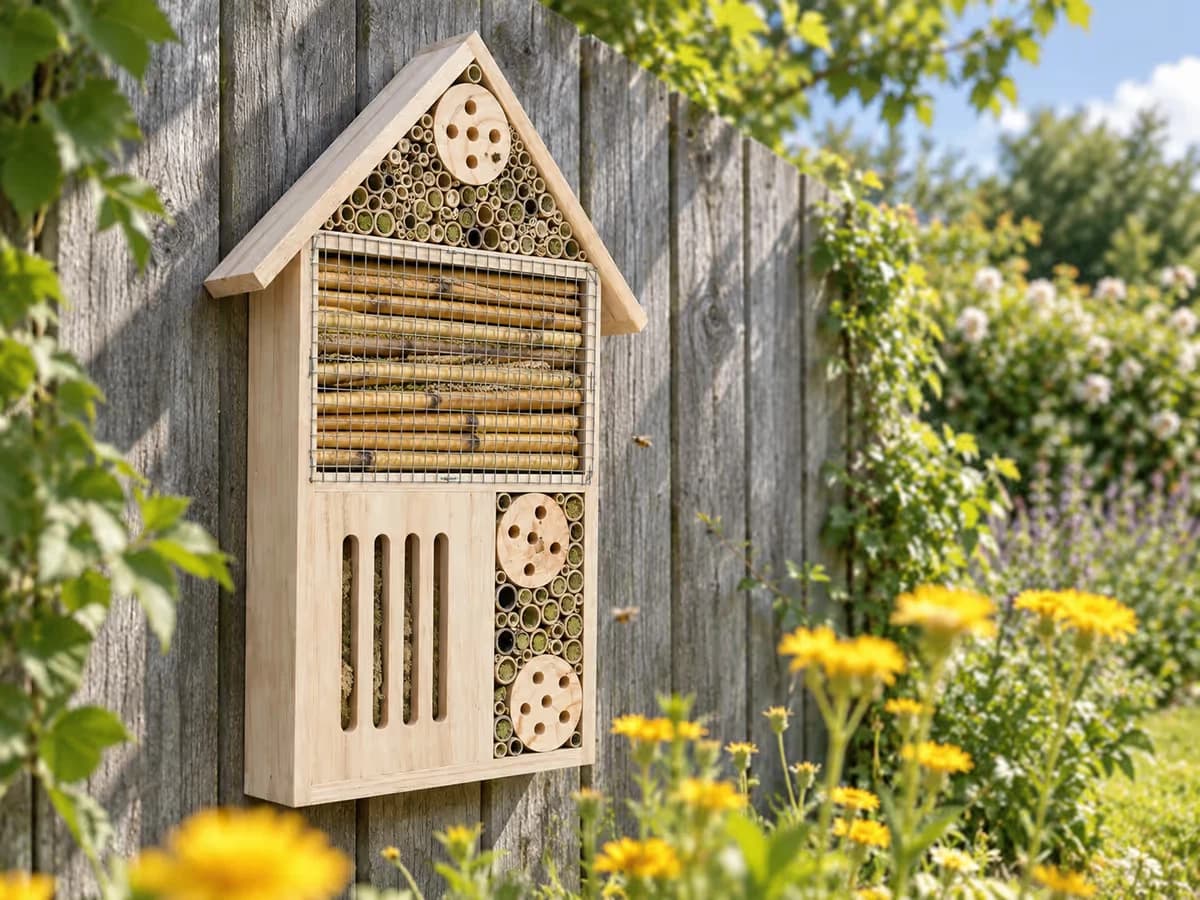 Hôtel à insectes mural fixé haut sur une clôture en bois, tubes bouchés de terre et fentes garnies, massif de fleurs jaunes en contrebas au mois de juillet