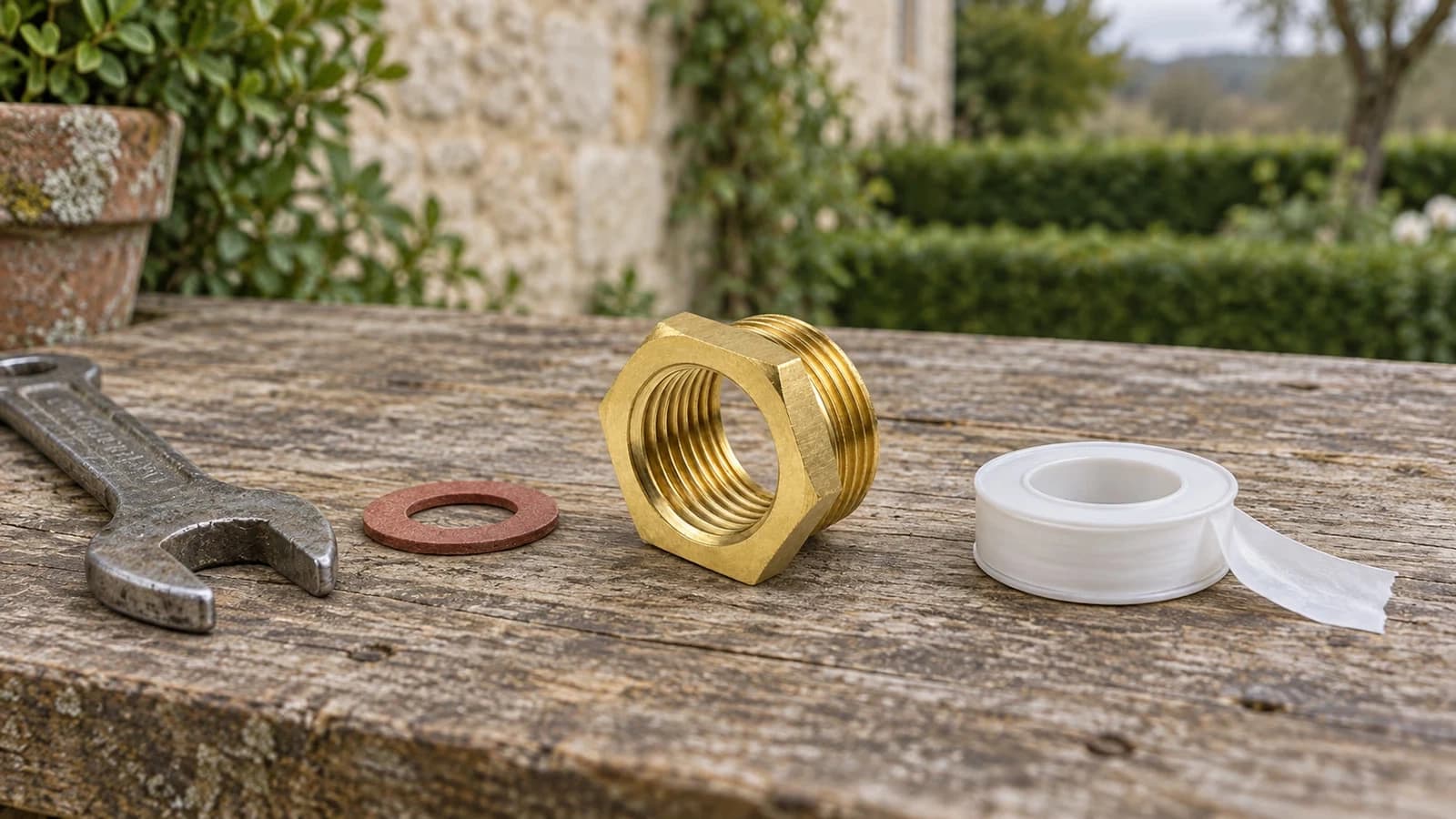Raccord réducteur laiton posé sur un établi de jardin entre une clé plate, une rondelle plate et une bande de ruban d'étanchéité
