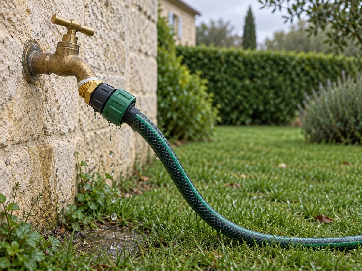 Robinet de jardin à moitié ouvert, gouttes visibles sous le bec, tuyau d'arrosage branché et posé sur une pelouse humide