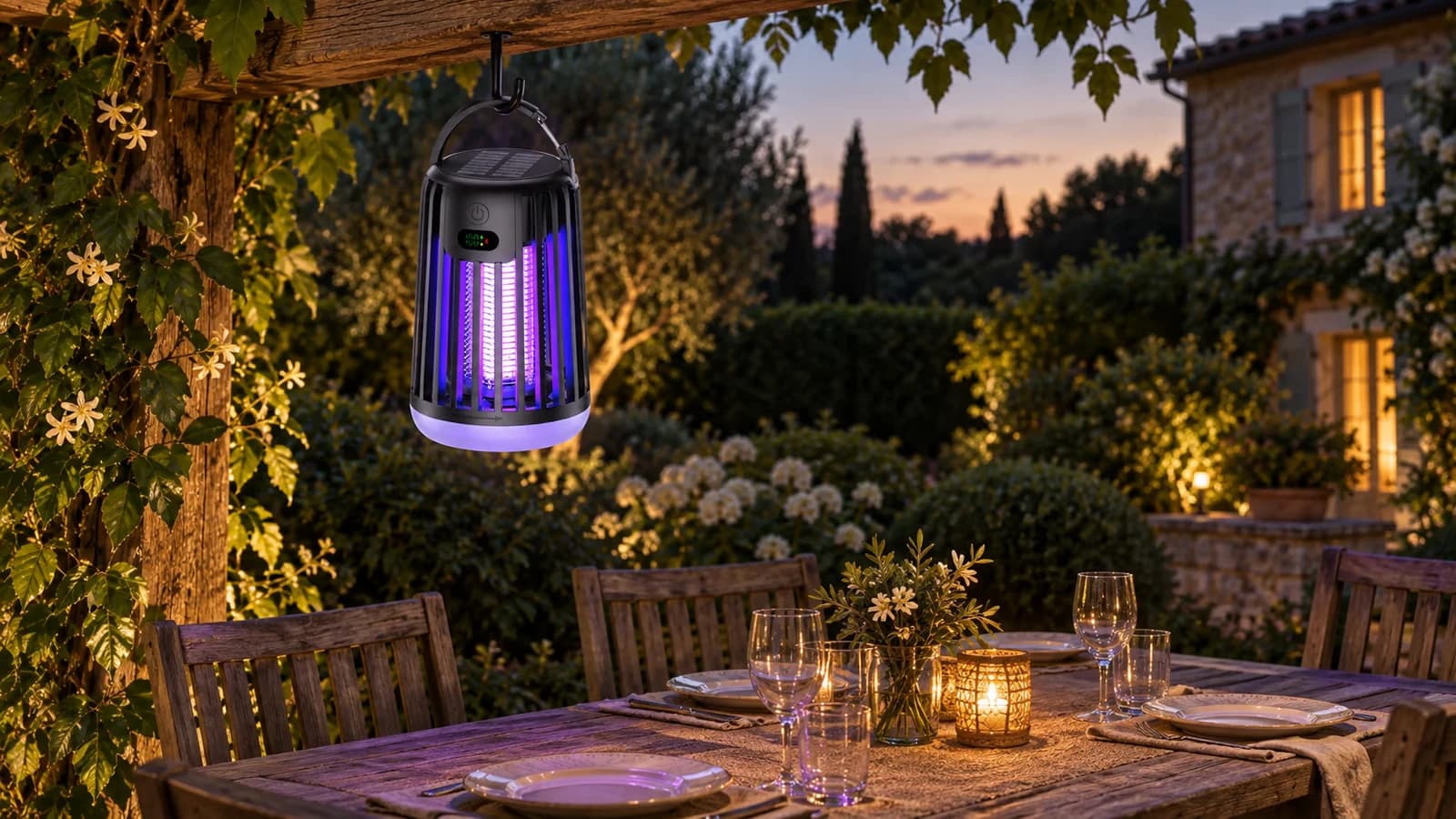 Lampe anti-moustique rechargeable suspendue à un crochet d'auvent au-dessus d'une table de terrasse dressée, jardin et ciel de fin de journée derrière