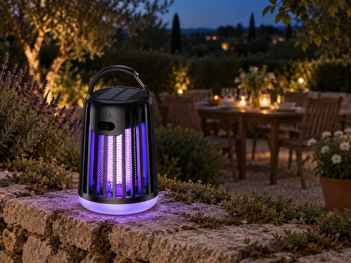 Lampe anti-moustique rechargeable posée sur un muret de pierre à quelques mètres d'une table de jardin dressée, jardin sombre en fin de soirée
