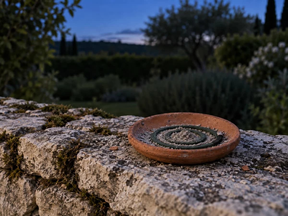 Spirale anti-moustique consumée dans une soucoupe en terre cuite posée sur un muret de jardin, cendre grise au centre, feuillage flou au crépuscule