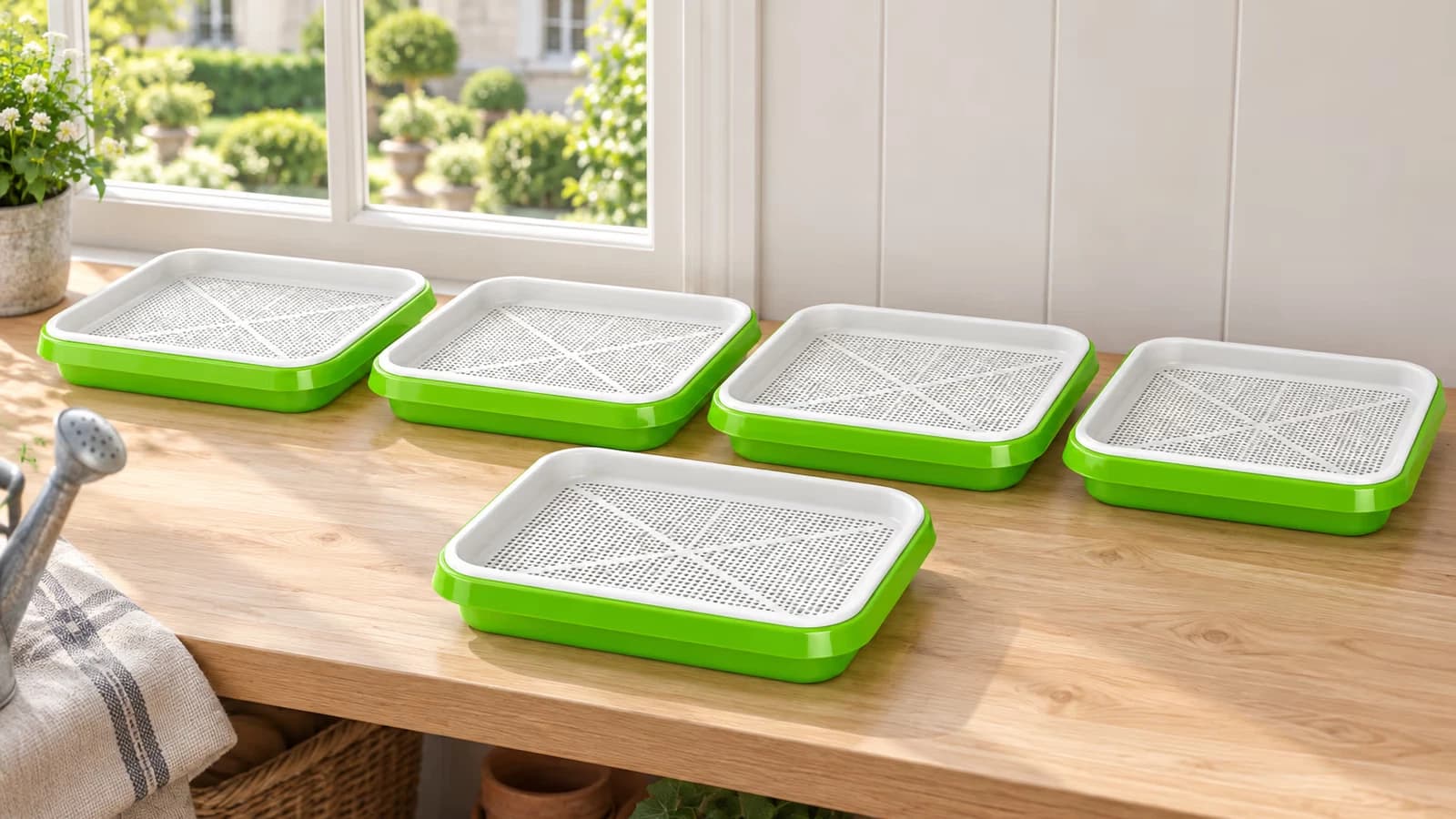 Cinq plateaux de germination verts alignés sur une étagère claire, chacun garni de son insert à grille blanche