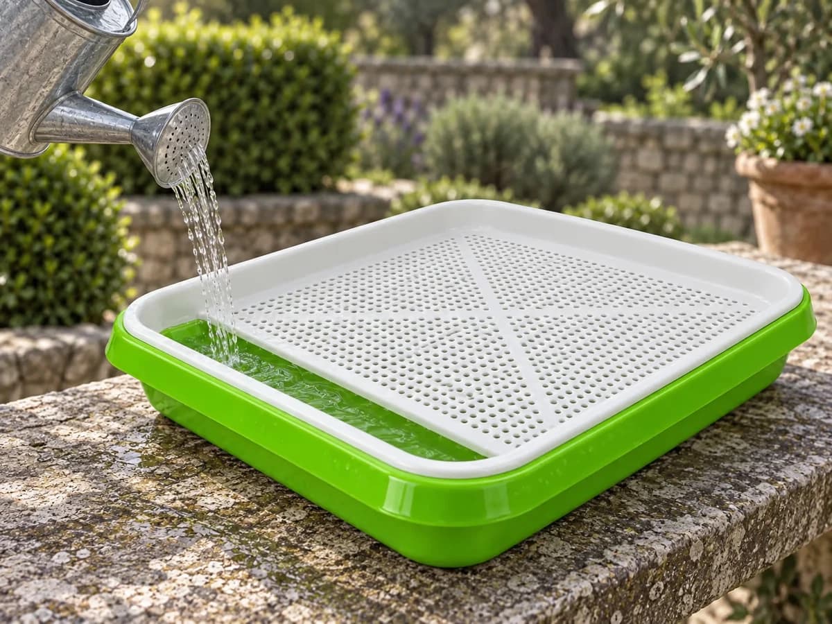 Eau versée par un coin d'un bac vert, grille blanche posée au-dessus du niveau d'eau