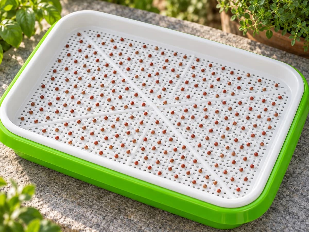 Graines de radis réparties en couche régulière sur la grille blanche d'un plateau de germination