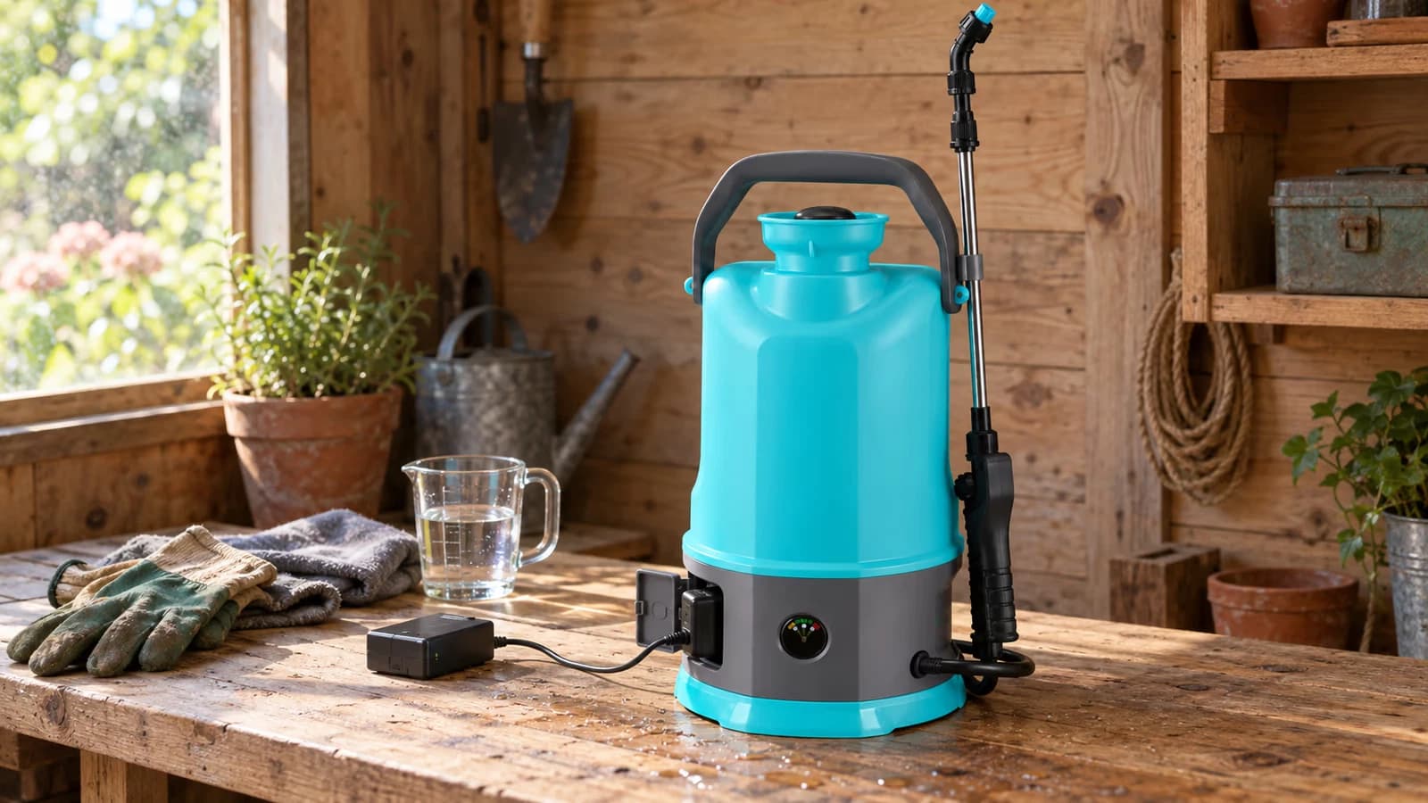 Pulvérisateur à dos posé sur un établi de cabanon, capot de batterie ouvert et chargeur branché à côté