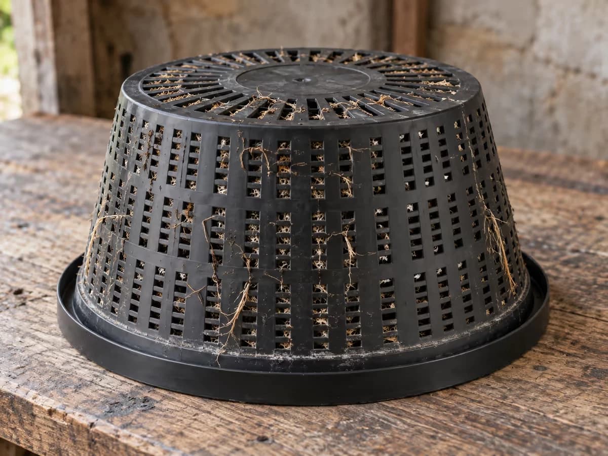 Grand panier hydroponique noir retourné sur un établi de bois, fentes verticales de la panse encore marquées par des restes de radicelles sèches
