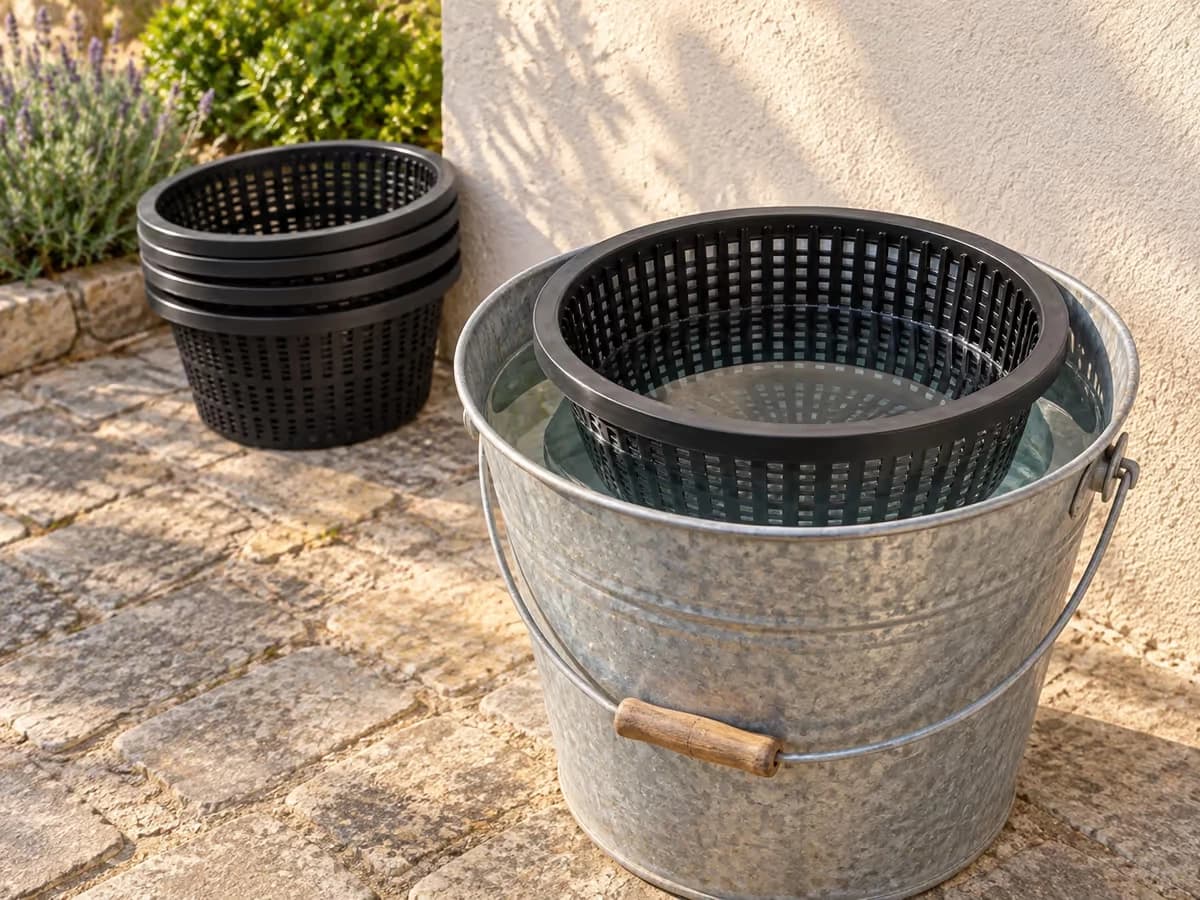 Grand panier noir en maille trempant dans un seau d'eau claire posé sur une terrasse, quatre paniers emboîtés à côté au pied du mur
