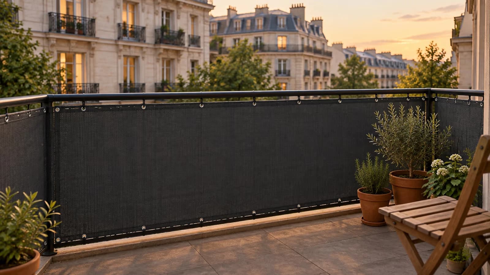 Balcon urbain clos par un paravent anthracite tendu sur la rambarde, immeubles en vis-à-vis en arrière-plan à la lumière du soir