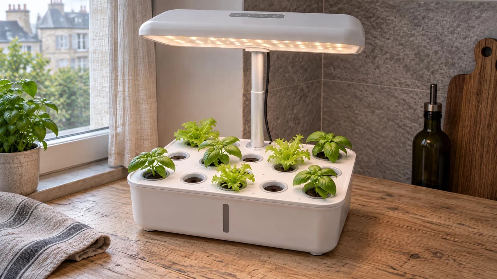 Ensemble hydroponique de comptoir dans une cuisine, capuche lumineuse levée au-dessus de godets garnis de salades et d'aromatiques