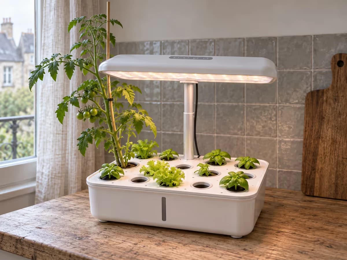 Pied de tomate tuteuré dépassant nettement au-dessus de la capuche lumineuse d'un système hydroponique de comptoir, godets d'aromatiques en dessous