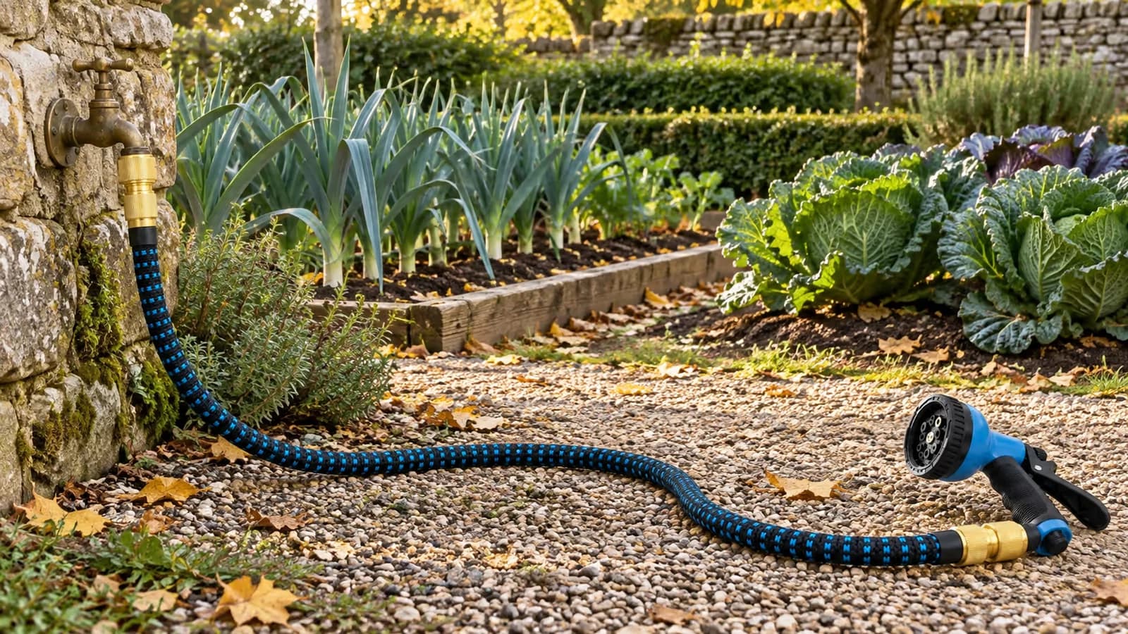 Tuyau extensible bleu et noir déployé au sol le long d'une allée de potager, embouts en laiton doré sur un robinet