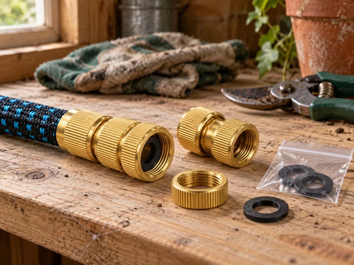 Deux embouts en laiton massif et une bague de serrage posés sur un établi près d'un sachet de joints de rechange