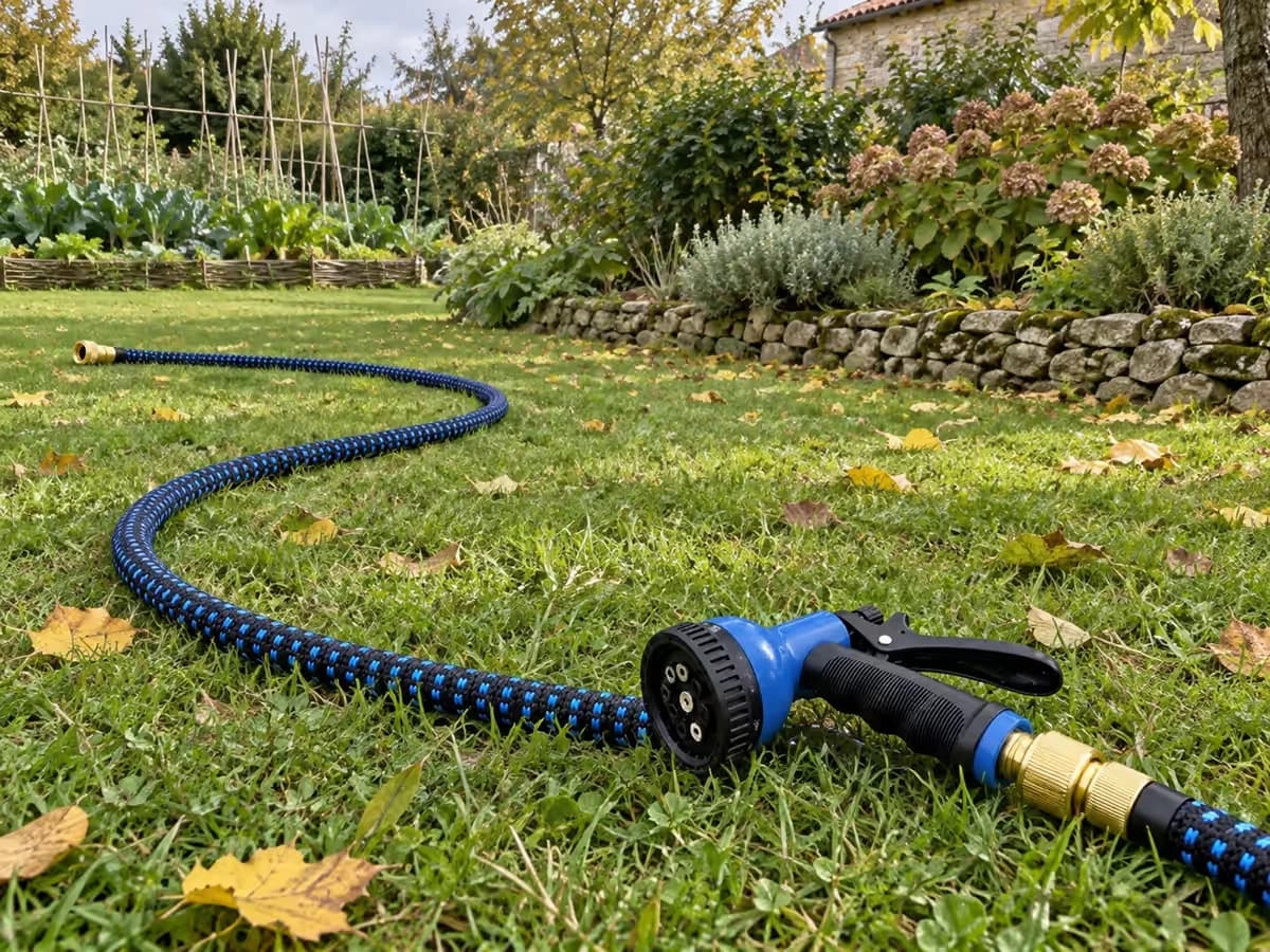 Tuyau extensible bleu et noir tendu en courbe sur une pelouse, pistolet à dix jets posé au sol près d'un massif d'arbustes
