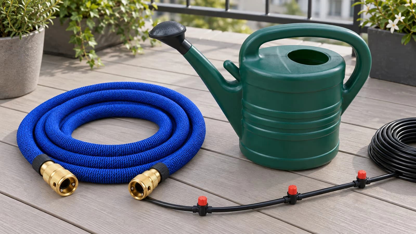 Tuyau extensible compact bleu replié sur un plancher de balcon, à côté d'un arrosoir en plastique et d'un kit goutte-à-goutte déroulé