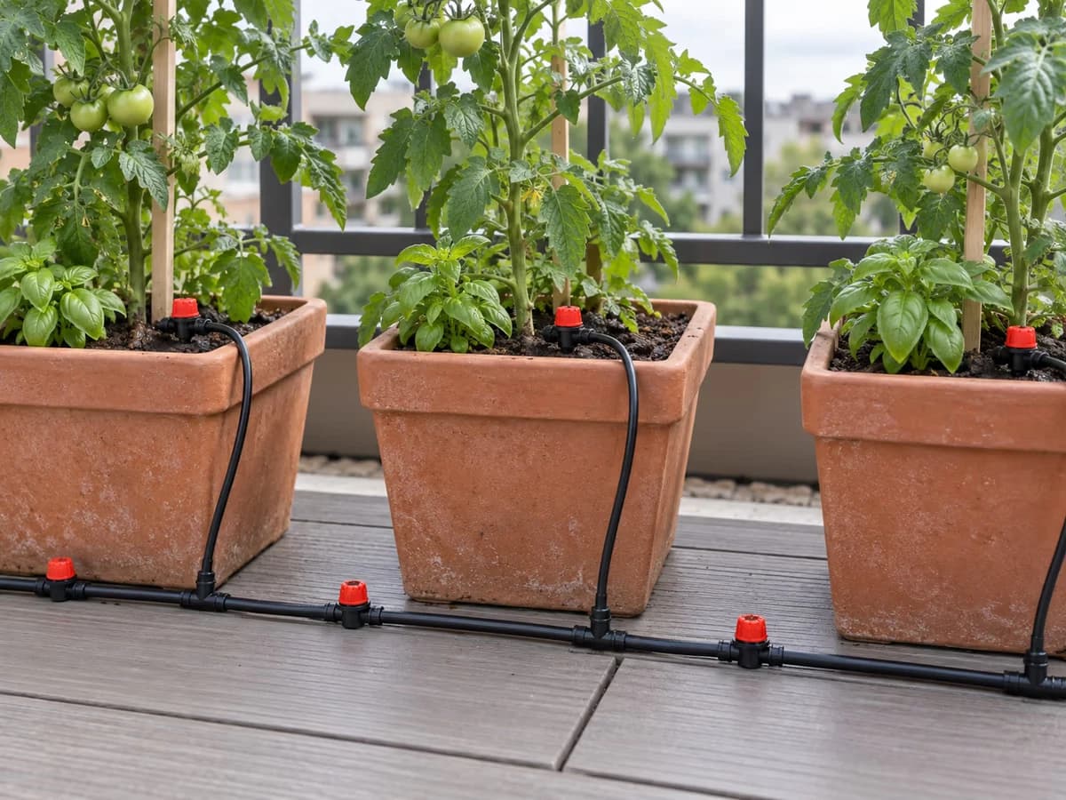 Ligne de goutte-à-goutte noire posée au pied de plants de tomates en pot sur un balcon, capillaires enfoncés dans la terre