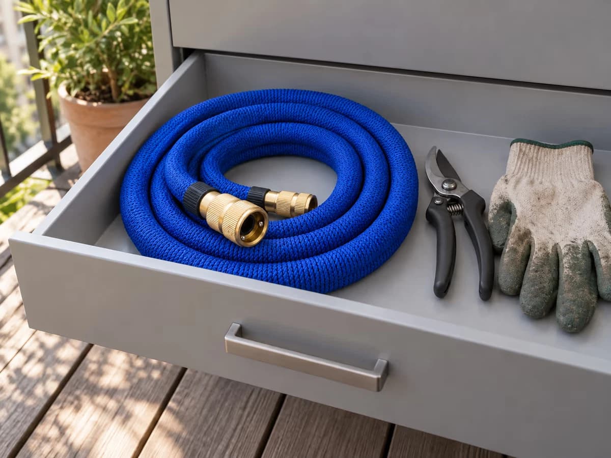 Tuyau extensible compact bleu enroulé dans un tiroir bas de meuble de balcon, à côté d'un sécateur et d'un gant de jardinage