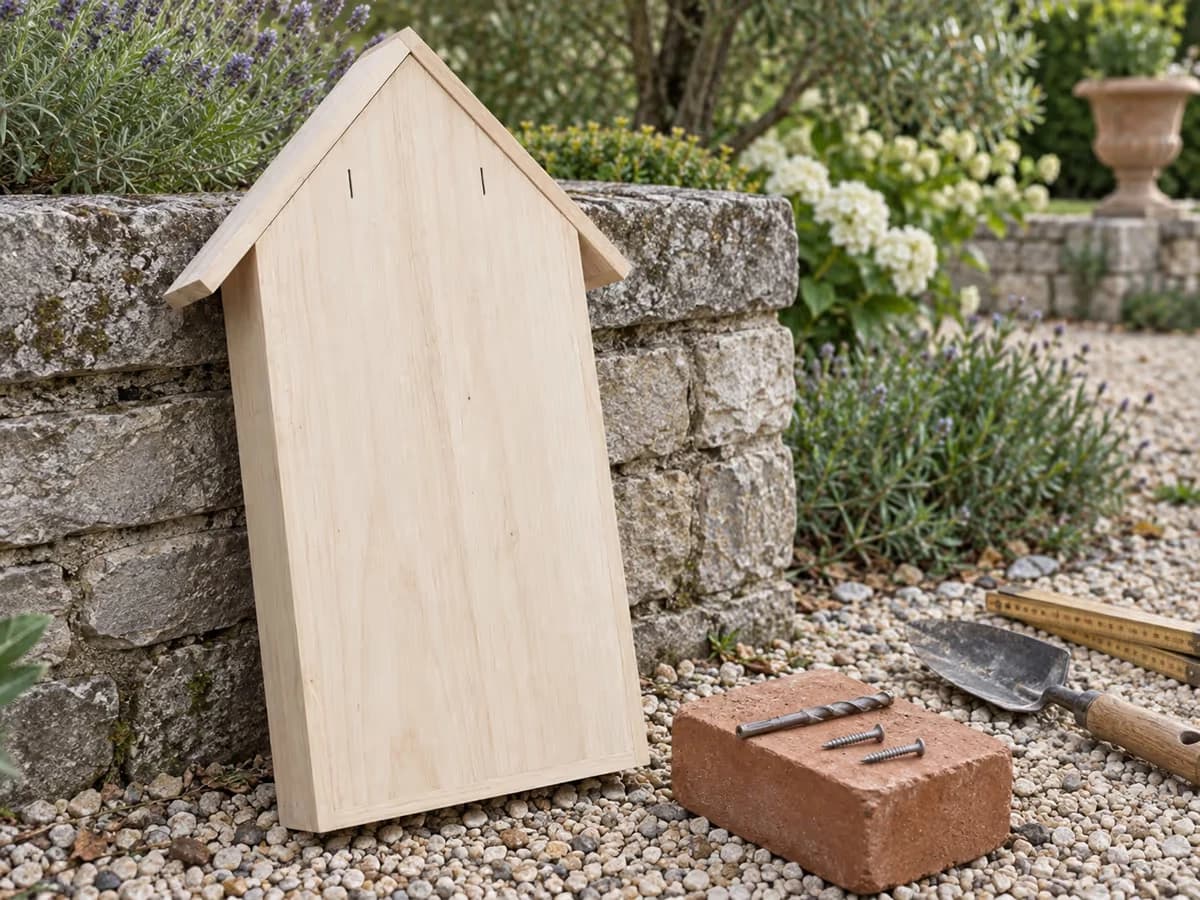 Planche du fond d'un hôtel à insectes posée à plat contre un muret, deux repères au crayon sur le bois, foret et deux vis posés à côté sur une brique