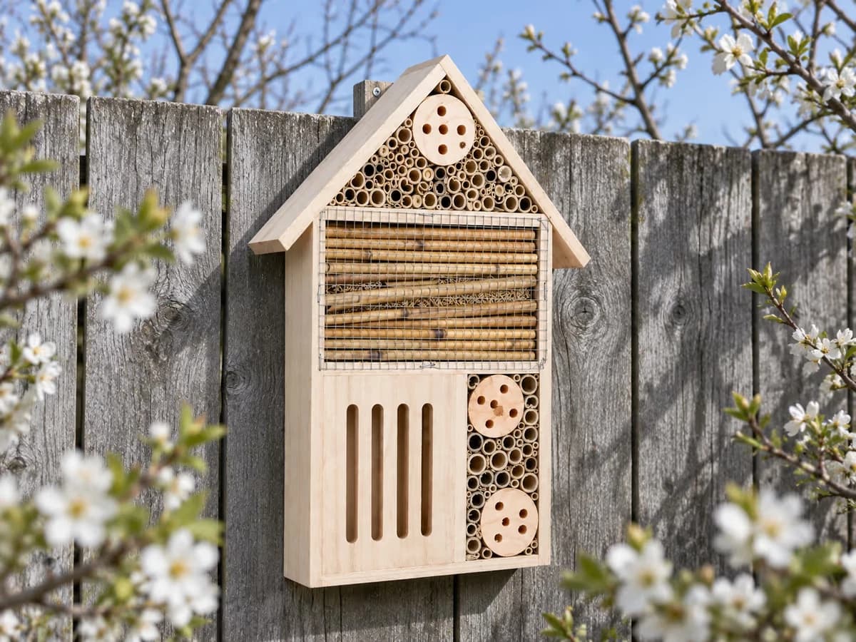 Hôtel à insectes mural vu de face au-dessus d'une clôture en bois, premières floraisons blanches devant, ciel clair de début de printemps