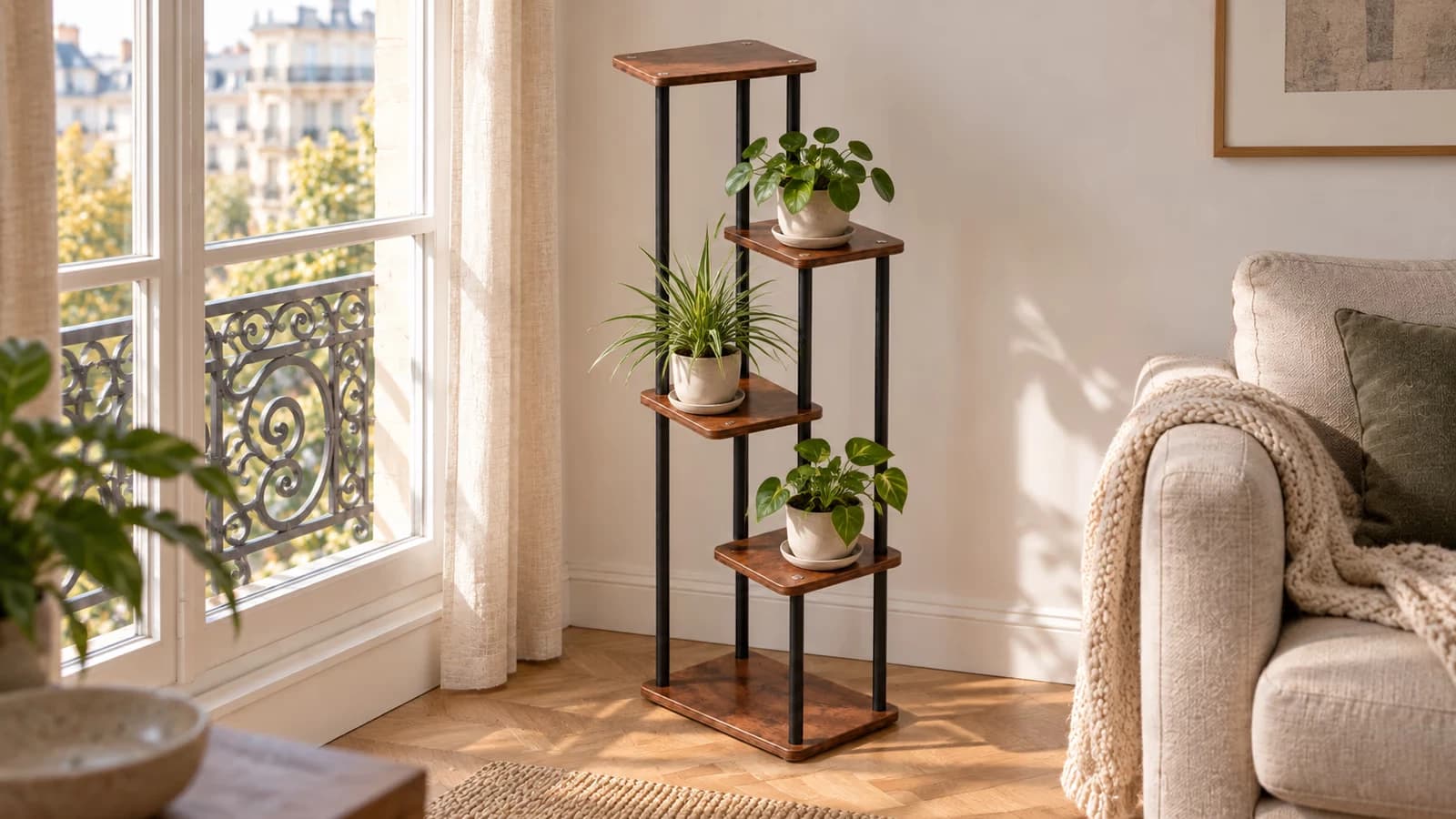 Étagère à plantes à cinq niveaux décalés, plateaux en bois brun et montants noirs, contre un mur clair de salon