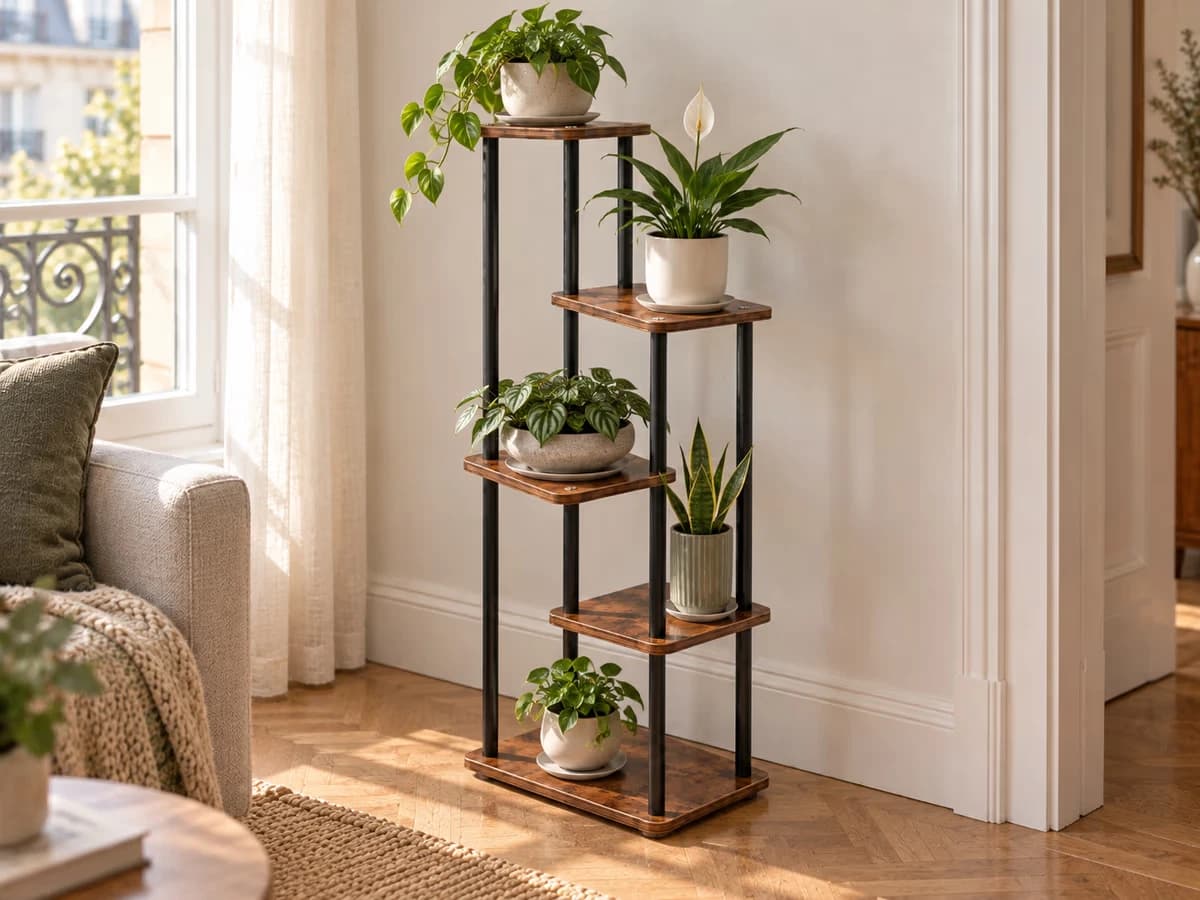 Niveaux décalés d'une étagère à plantes garnis de pots de tailles différentes, soucoupes visibles sous chaque pot