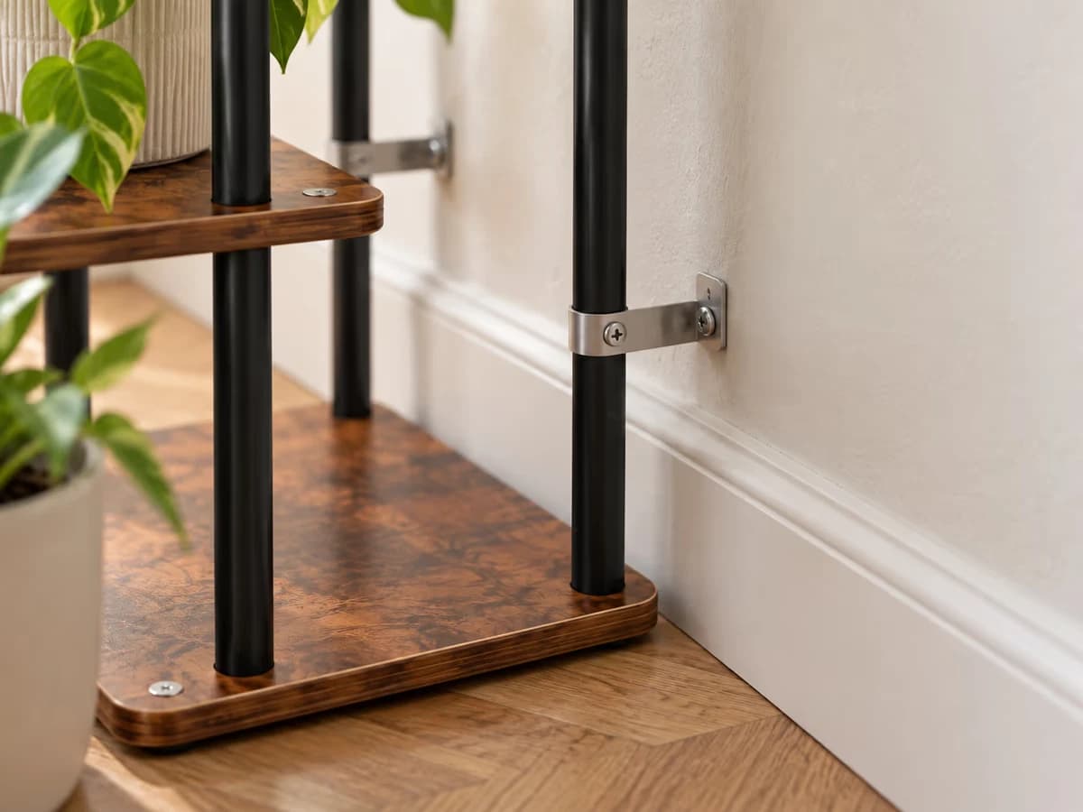 Patte métallique anti-basculement reliant le montant arrière d'une étagère à plantes à une plinthe de mur clair