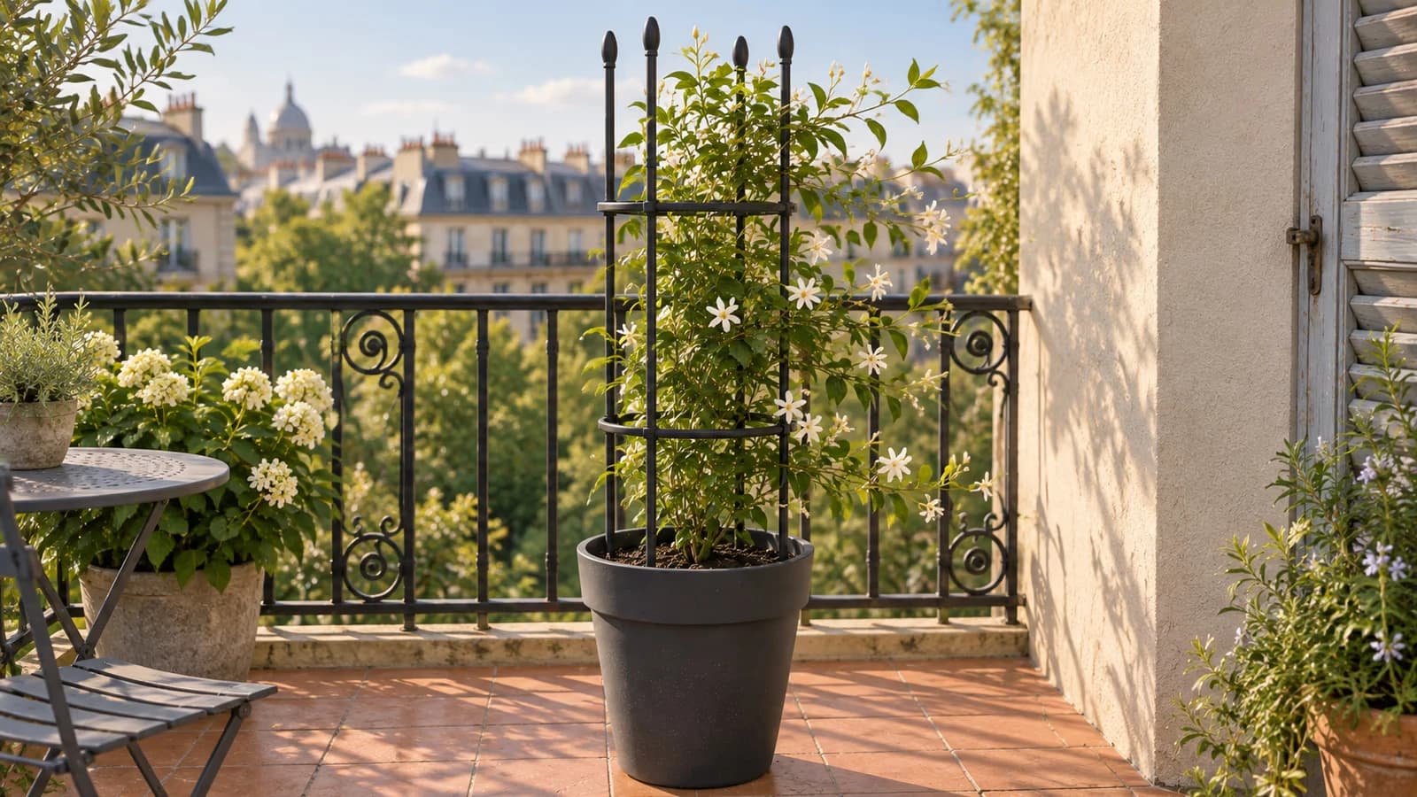 Tour de treillis métallique noir plantée dans un grand pot de balcon, feuillage de grimpante secoué par le vent, garde-corps en arrière-plan