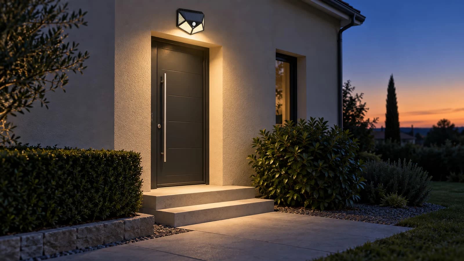 Applique solaire murale à détecteur fixée au-dessus d'une porte d'entrée, lumière allumée sur les marches à la nuit tombée