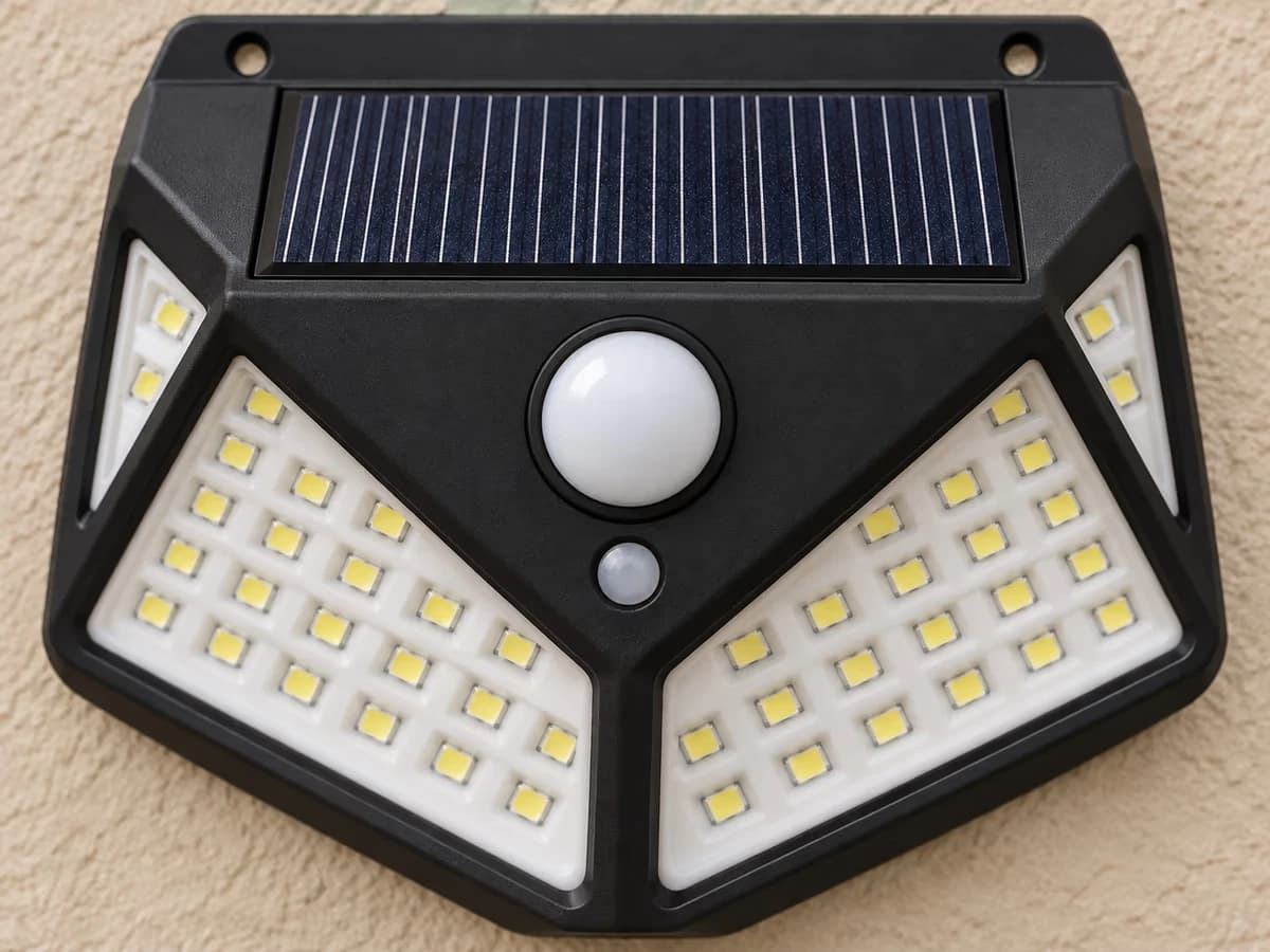 Applique solaire murale noire vue de près, lentille ronde du détecteur au centre et bouton unique juste en dessous, de jour