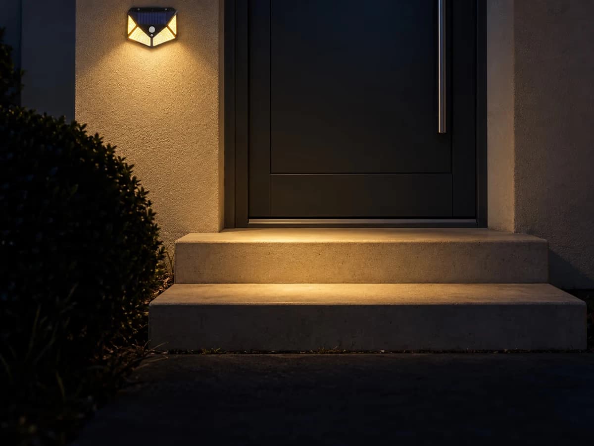 Pas de porte et premières marches d'une maison éclairés par une applique solaire murale, à la nuit tombée, allée sombre au premier plan