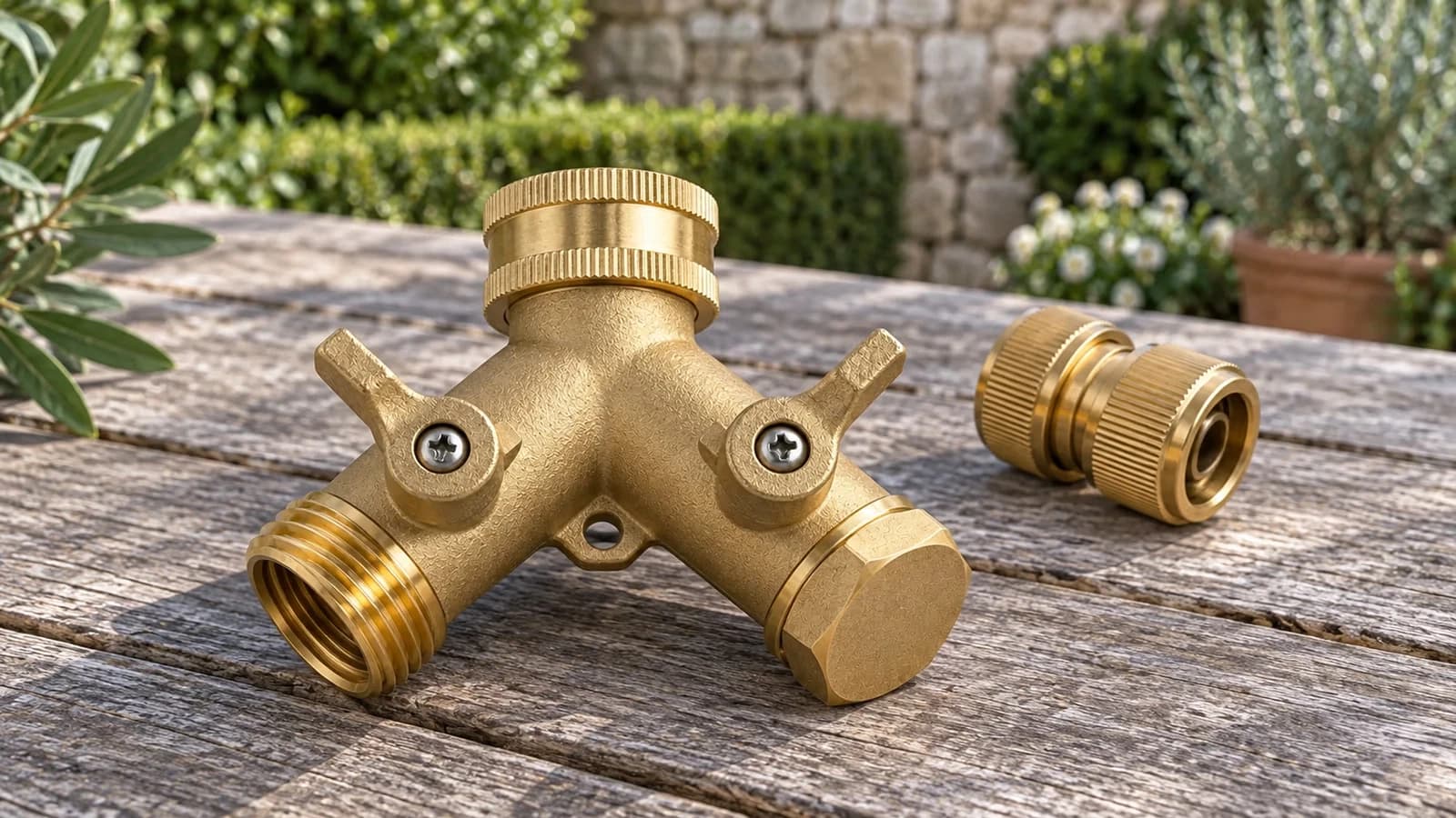 Bouchon laiton à tête hexagonale vissé sur la sortie mâle libre d'un répartiteur en laiton posé sur une table de jardin en bois