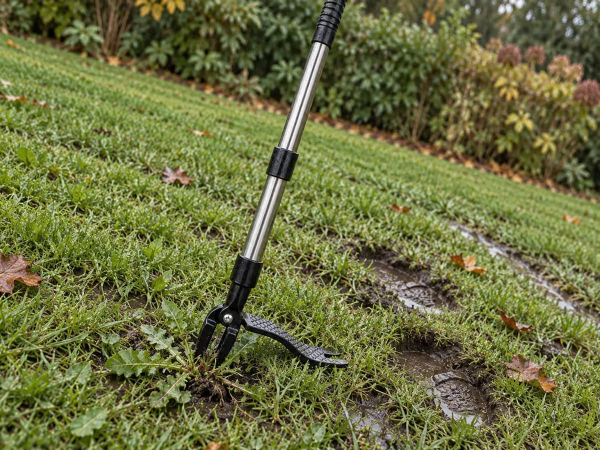 Extracteur debout posé sur une pelouse mouillée en pente, patin alvéolé marqué par les traces de pas dans l'herbe détrempée