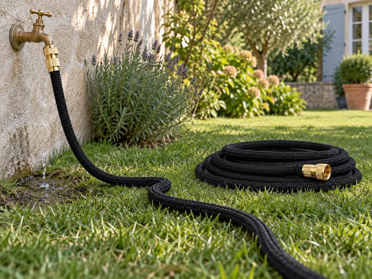Robinet extérieur à moitié ouvert avec raccord de tuyau d'arrosage en cours de mise en eau et gaine tendue sur la pelouse