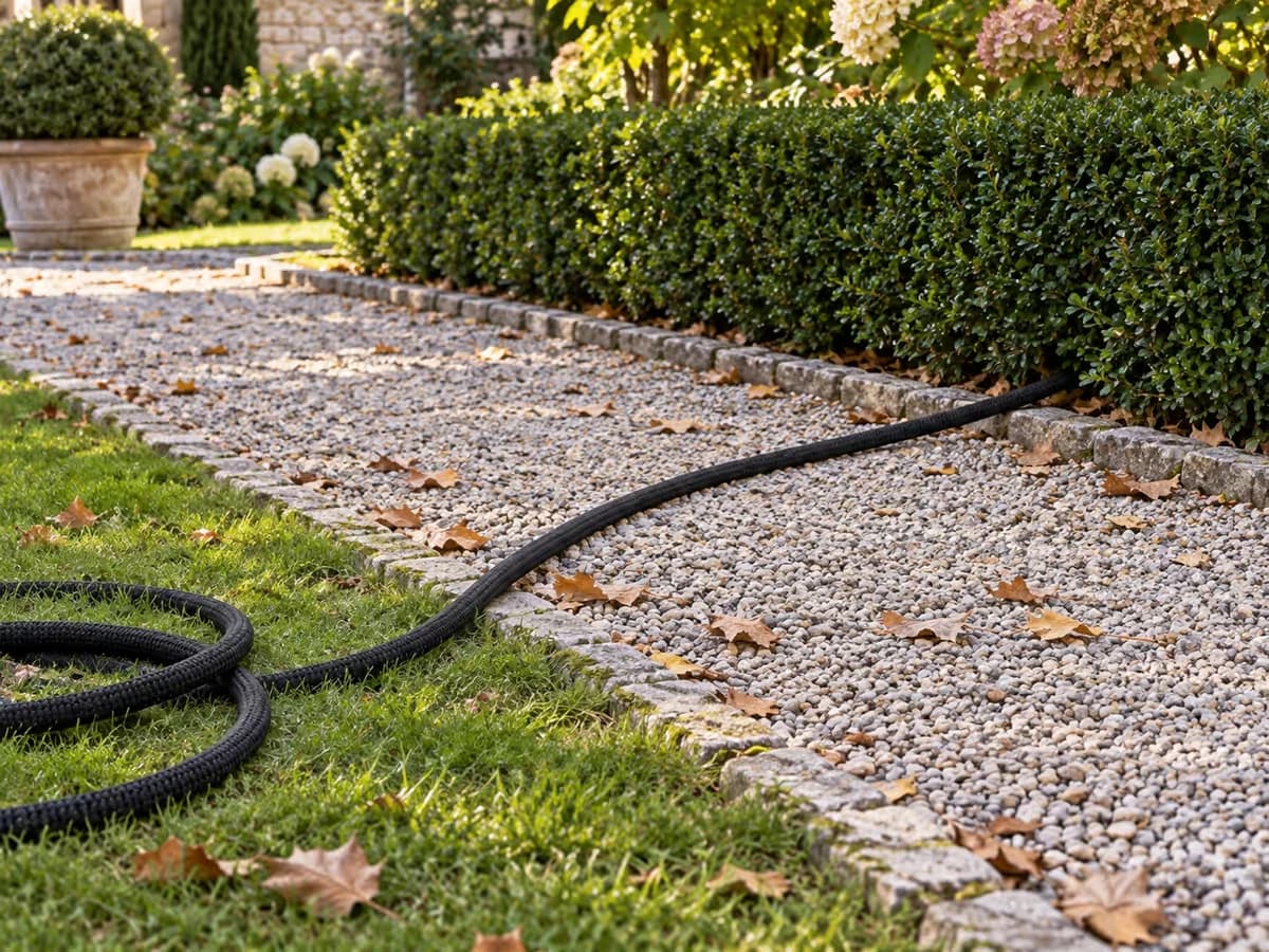 Tuyau d'arrosage extensible posé en travers d'une allée de jardin en graviers, quelques boucles visibles au sol devant une haie basse