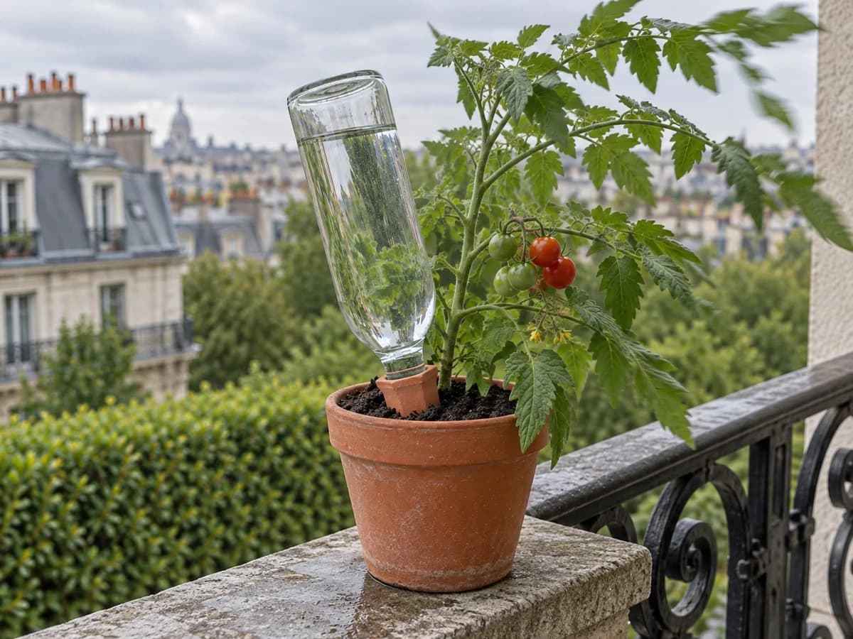 Pot de tomate sur un rebord de balcon, bouteille d'eau pleine vissée sur la pique et inclinée, feuillage agité
