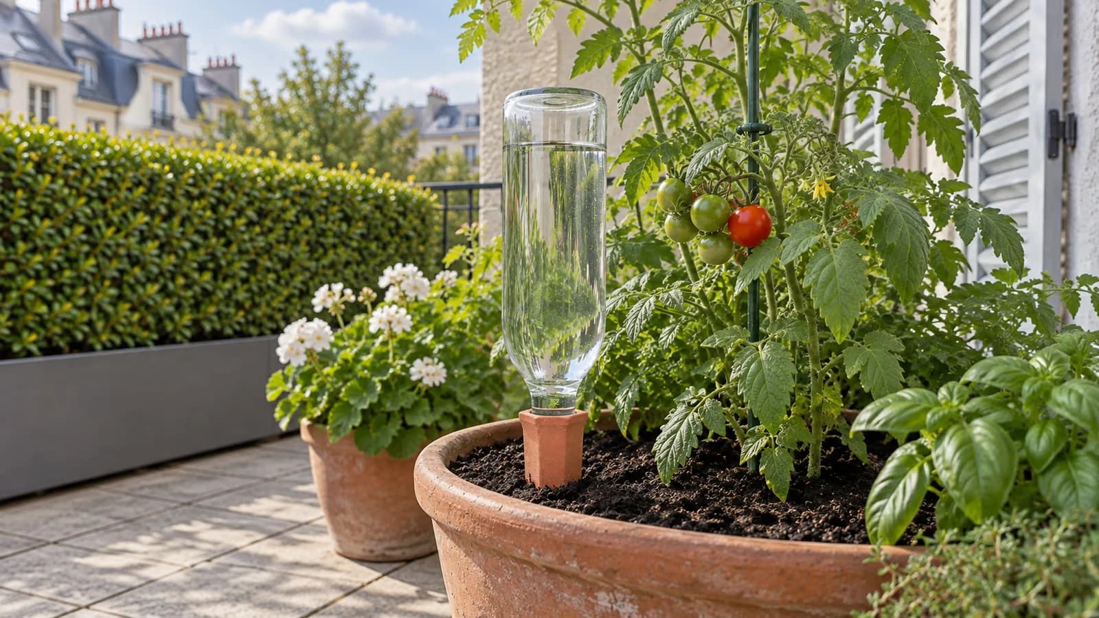 Pique d'arrosage en terre cuite plantée dans un pot de tomate, bouteille d'eau transparente vissée sur le col