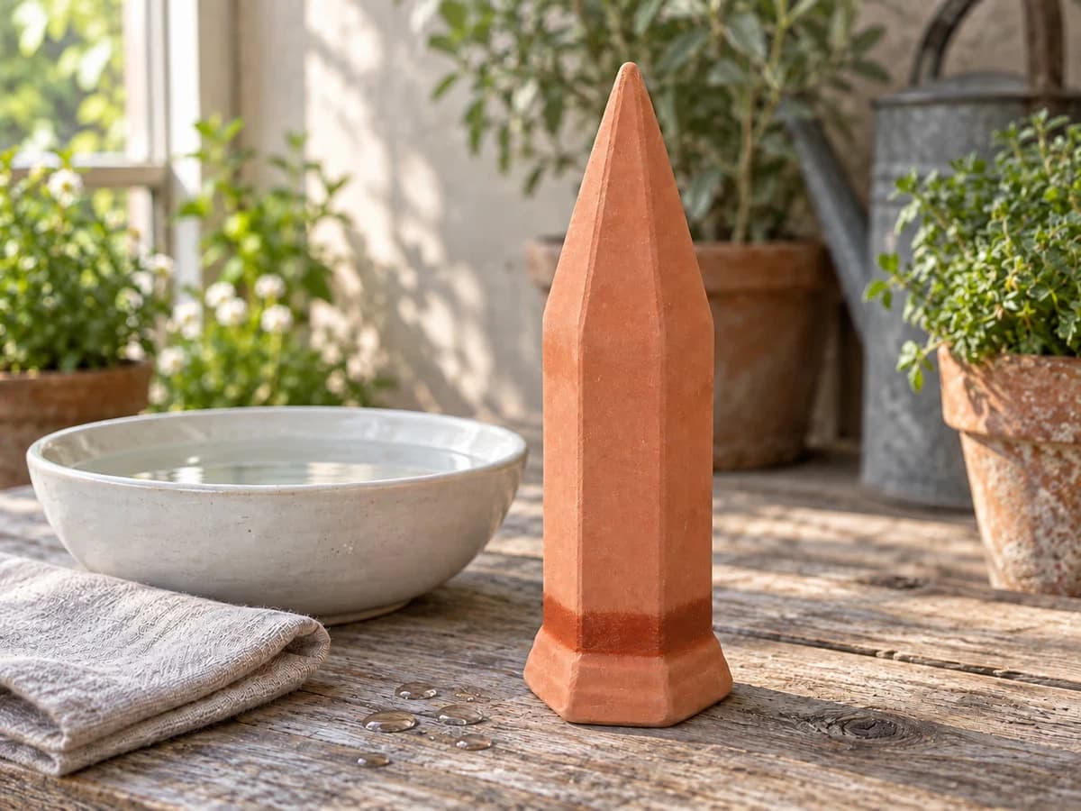 Cône de terre cuite sorti d'un bol d'eau, posé sur une table en bois, paroi essuyée montrant une ligne humide
