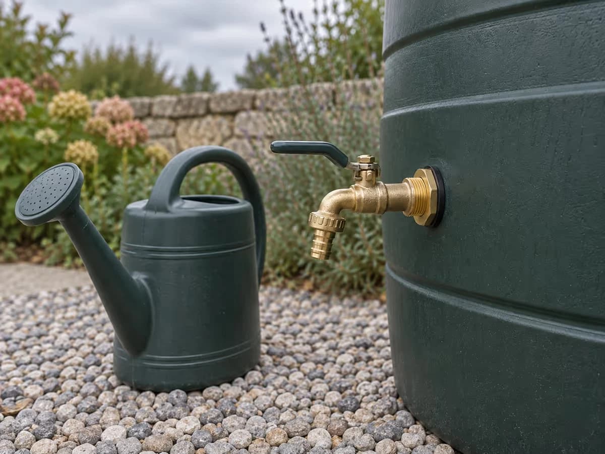 Lit de gravier clair étalé sous le robinet d'une cuve de récupération d'eau de pluie, sol sec autour de la sortie, arrosoir posé à côté