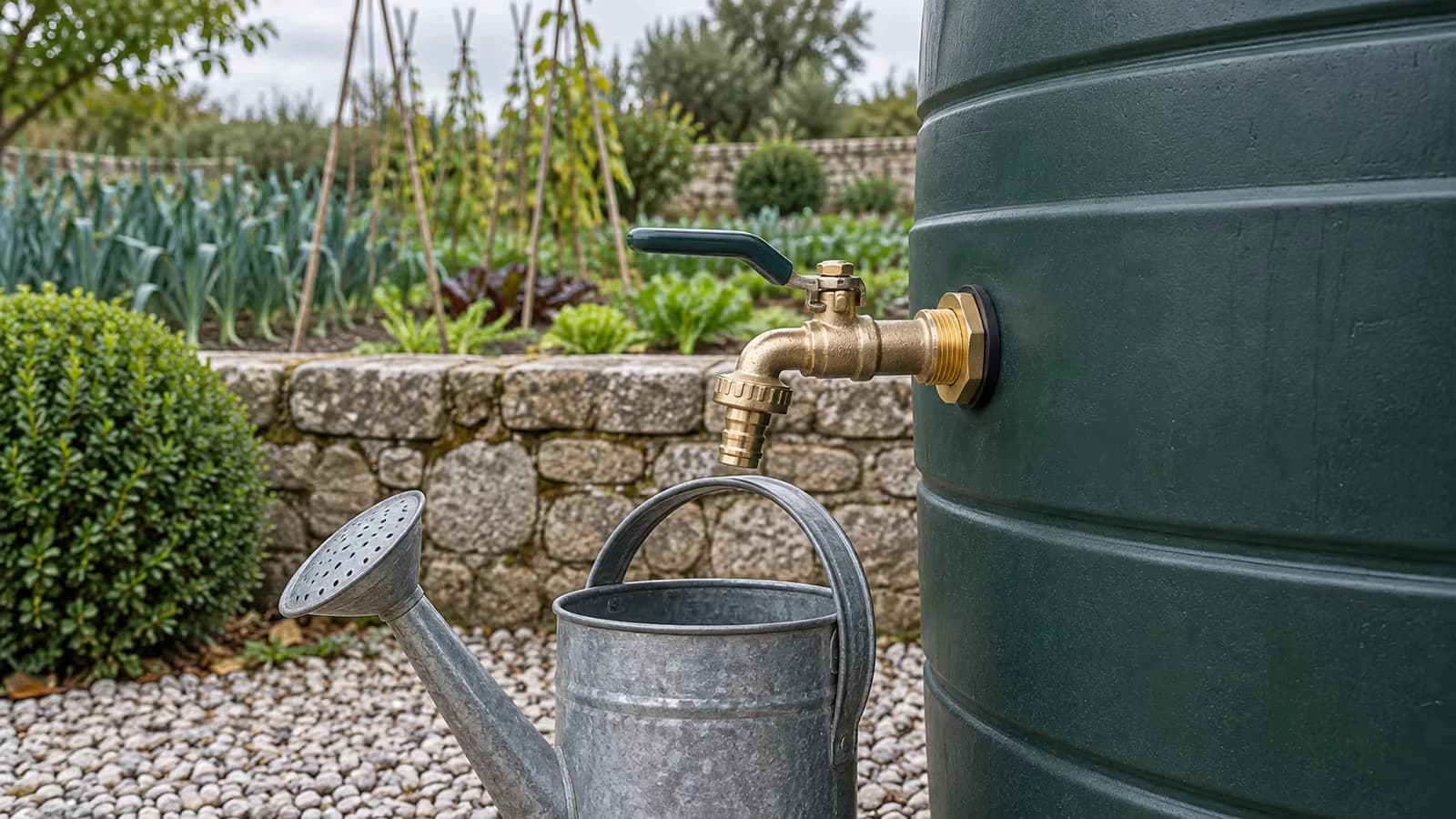 Fût de récupération d'eau de pluie posé sur un lit de gravier au pied d'un mur, robinet laiton en place et arrosoir posé sous la sortie, potager en arrière-plan