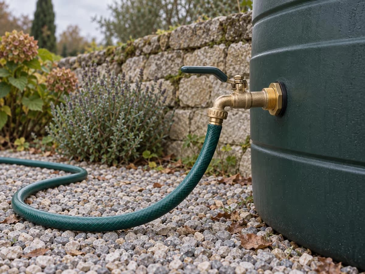 Tuyau d'arrosage détendu raccordé au robinet d'une cuve de récupération, boucle de mou posée au sol le long d'un muret de jardin, gravier au pied du fût