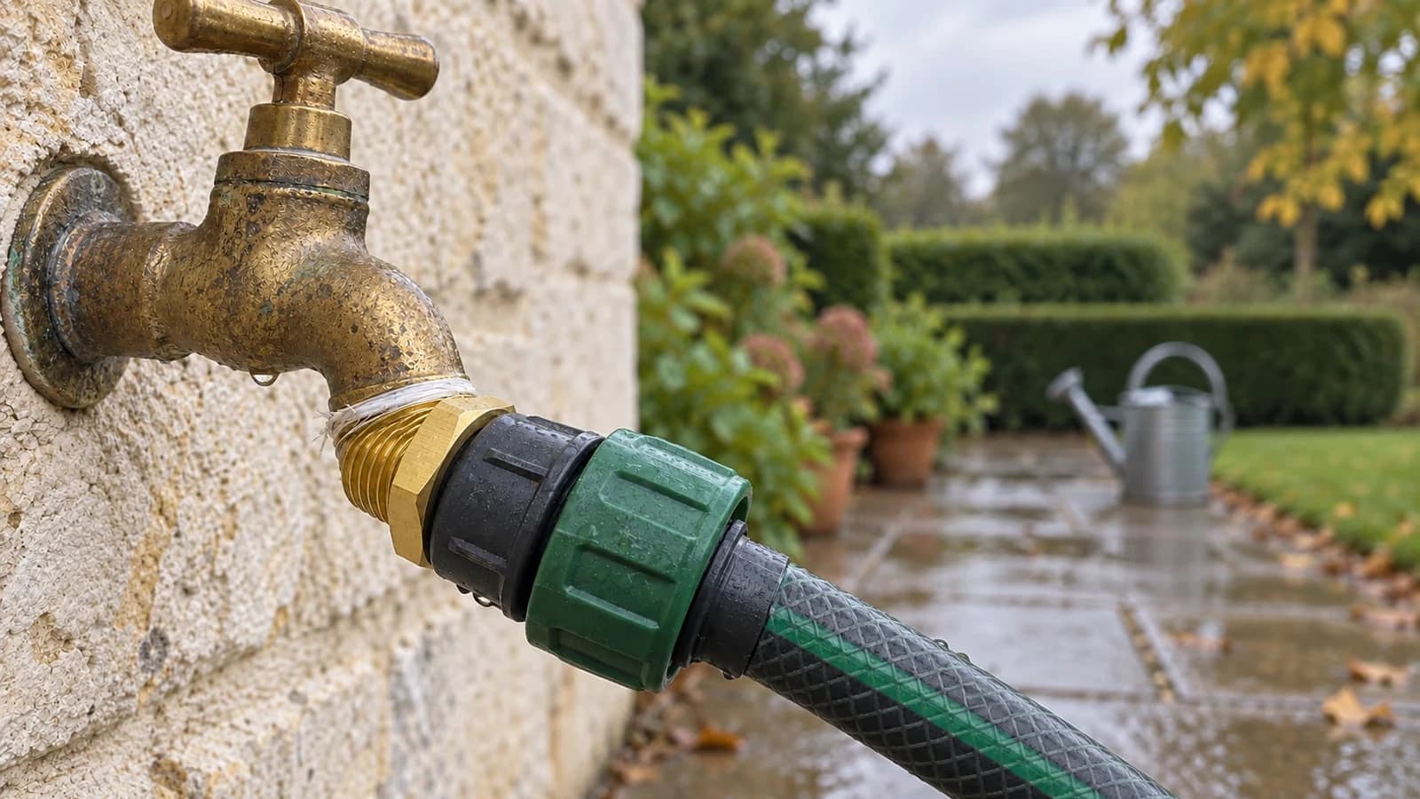 Raccord réducteur en laiton vissé sur une sortie de robinet de jardin, tuyau d'arrosage branché sur le côté 1/2 pouce