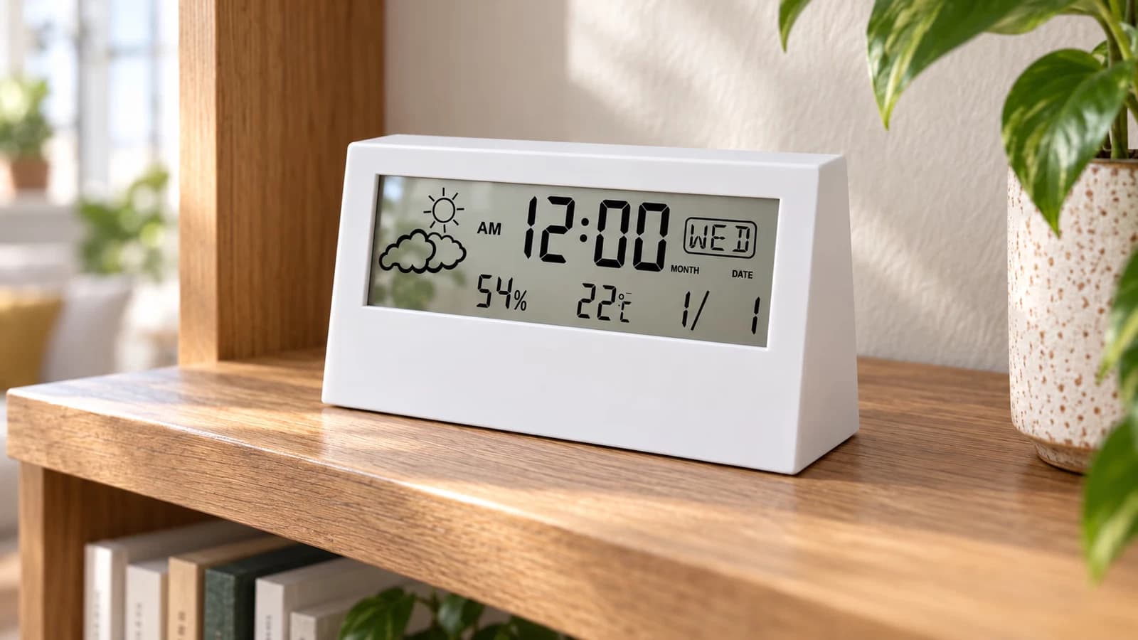 Bandeau translucide blanc posé sur une étagère haute en bois, heure et quantième lisibles en grands chiffres dans un salon du matin, mur clair derrière l'appareil