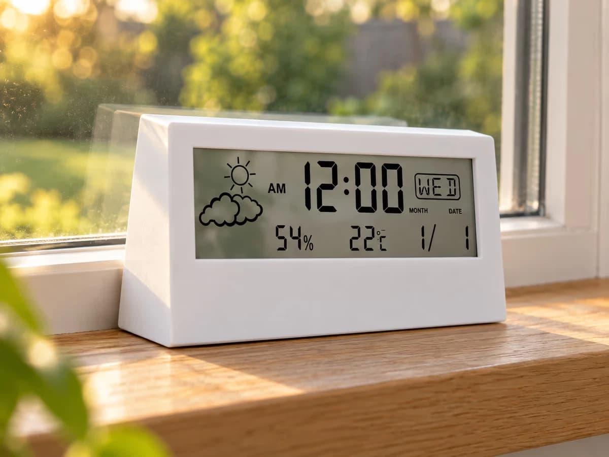 Bandeau translucide posé sur un appui de fenêtre contre la vitre, chiffres nets sous la lumière rasante, rayon de soleil tombant sur l'angle du boîtier blanc