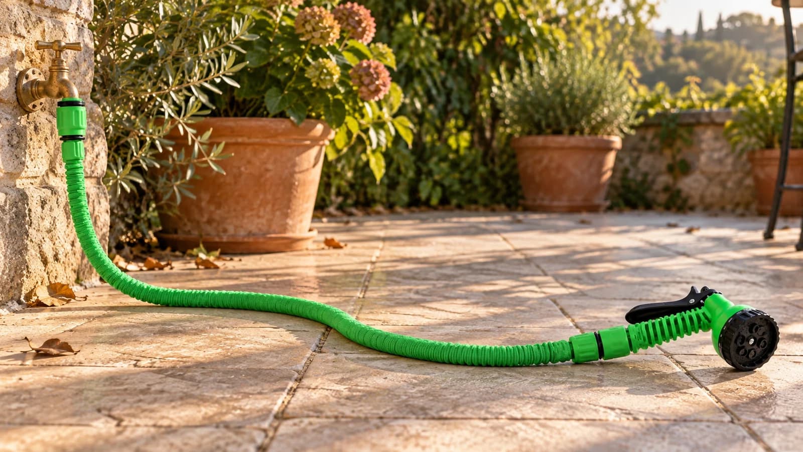 Tuyau extensible vert en eau raccordé à un robinet de jardin, en bout de terrasse carrelée, lumière de fin d'après-midi