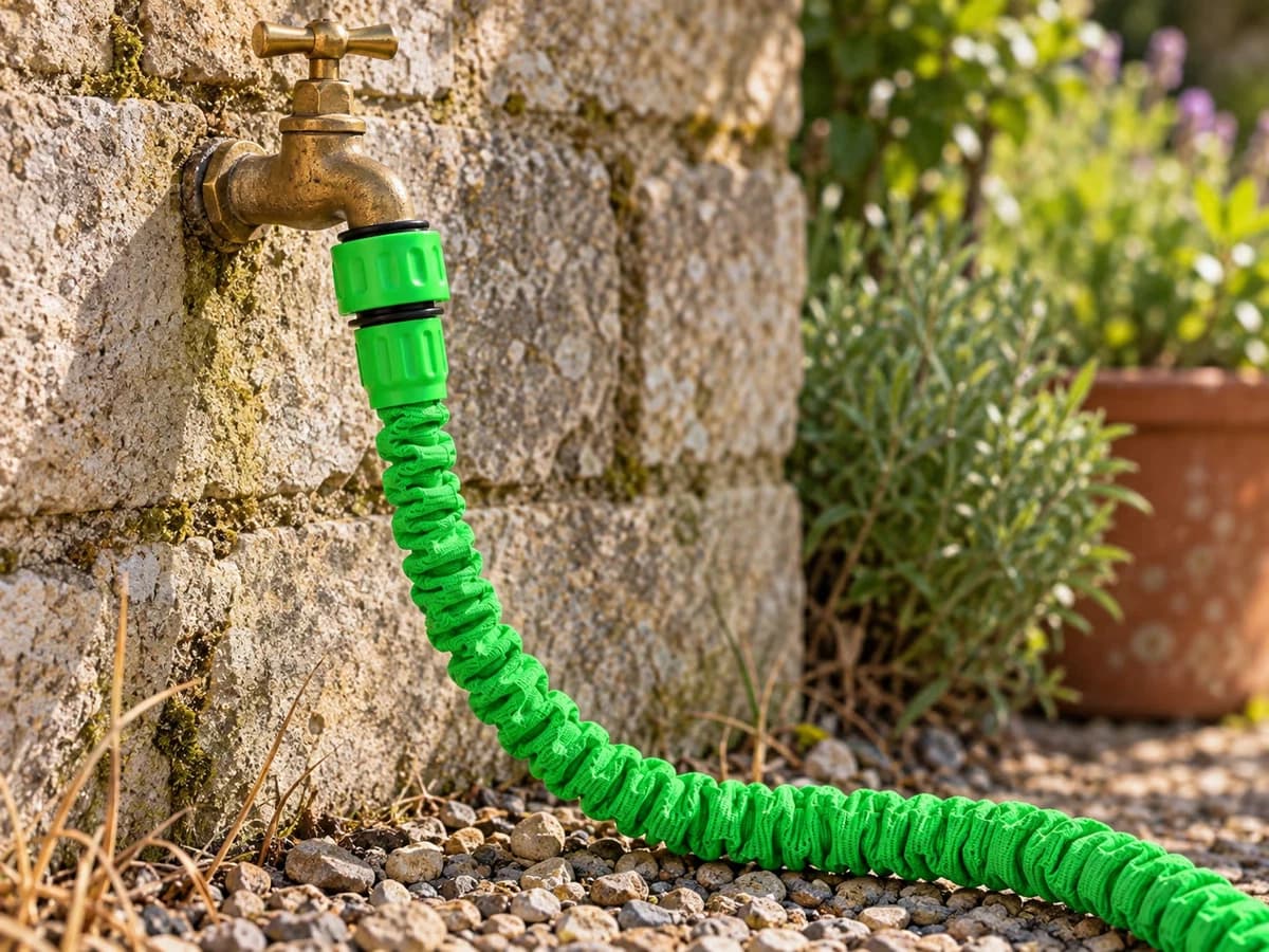 Raccord vert vissé sur un robinet de jardin en laiton, joint visible, tuyau extensible en courbe lâche le long d'un mur de pierre