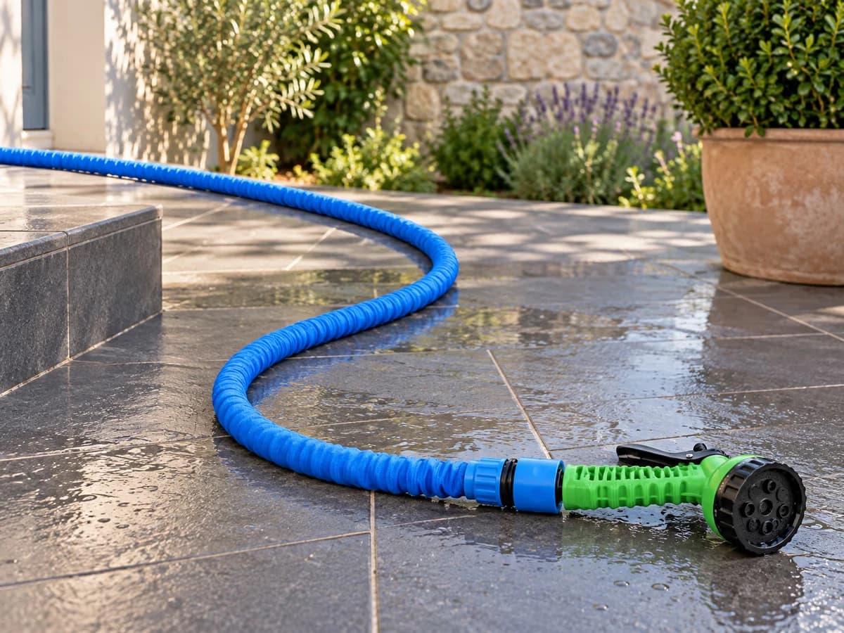 Tuyau extensible bleu en eau décrivant une courbe lâche sur un carrelage anthracite de terrasse, à l'écart d'une marche