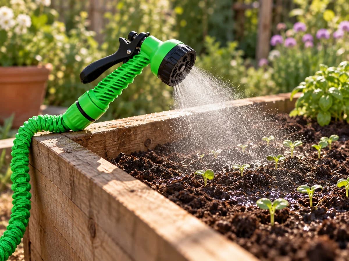 Jet en pluie fine dirigé vers la terre d'une jardinière de semis, gouttelettes visibles dans la lumière du matin